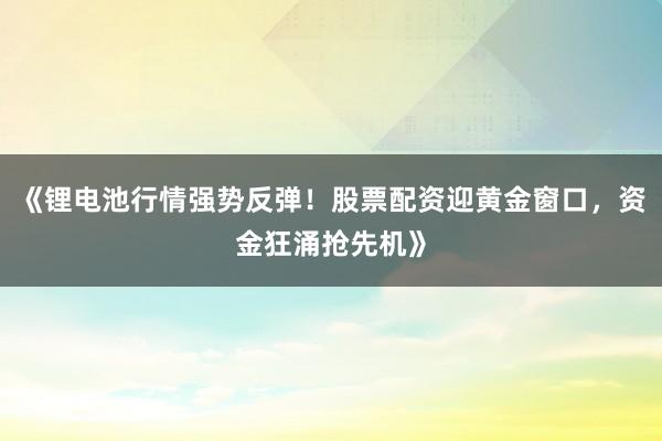 《锂电池行情强势反弹！股票配资迎黄金窗口，资金狂涌抢先机》