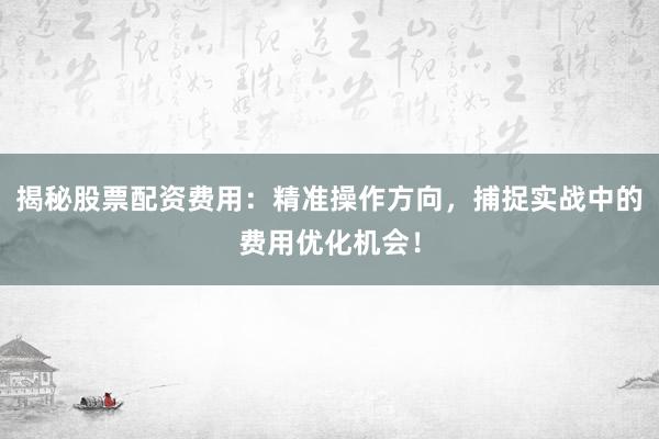 揭秘股票配资费用：精准操作方向，捕捉实战中的费用优化机会！