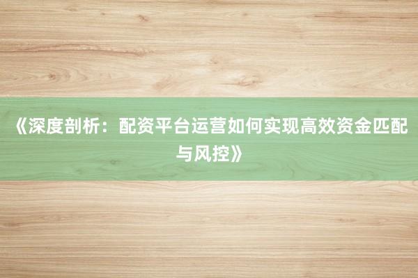 《深度剖析：配资平台运营如何实现高效资金匹配与风控》
